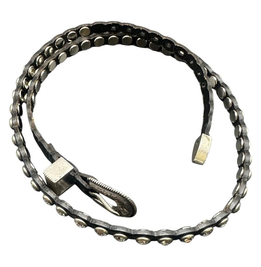 Western Black Leather Rhinestone Hat Band Silver Buckle Set Scalloped